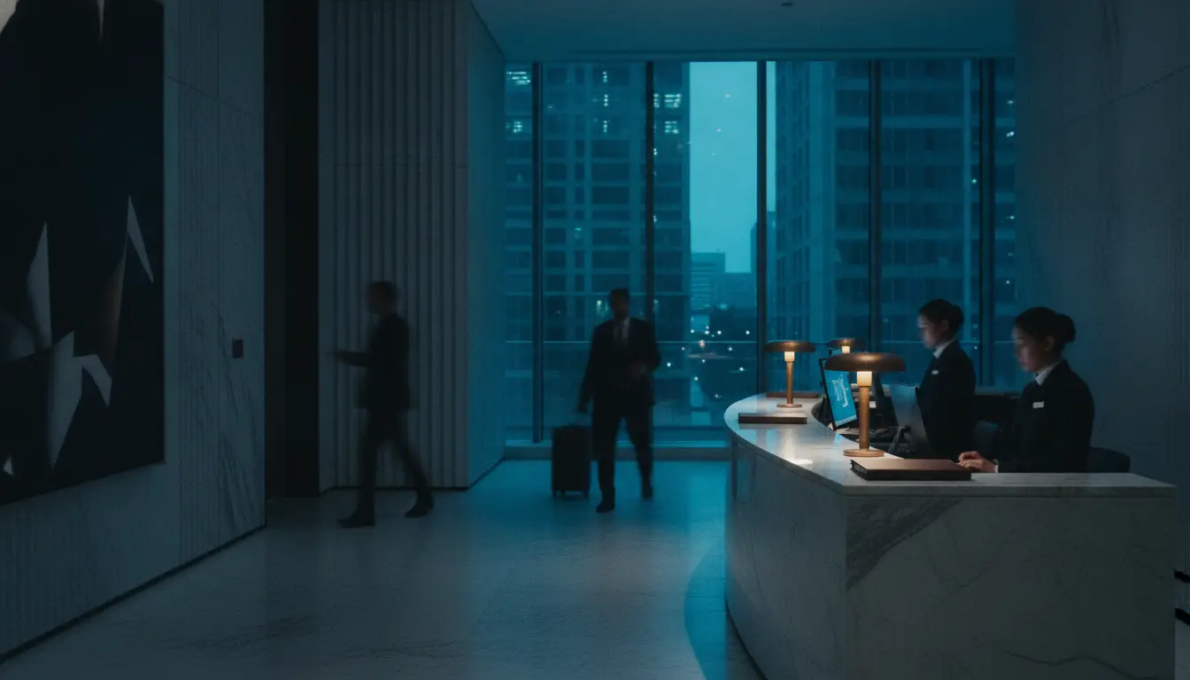 A hotel reception desk at dusk: two receptionists at a lit marble counter, a guest arriving with a case behind them.