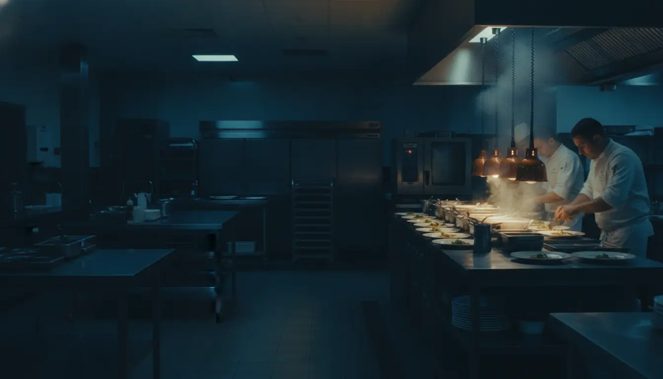 A hotel kitchen mid-service: chefs plating under the pass lights, steam rising over a line of prepared dishes.