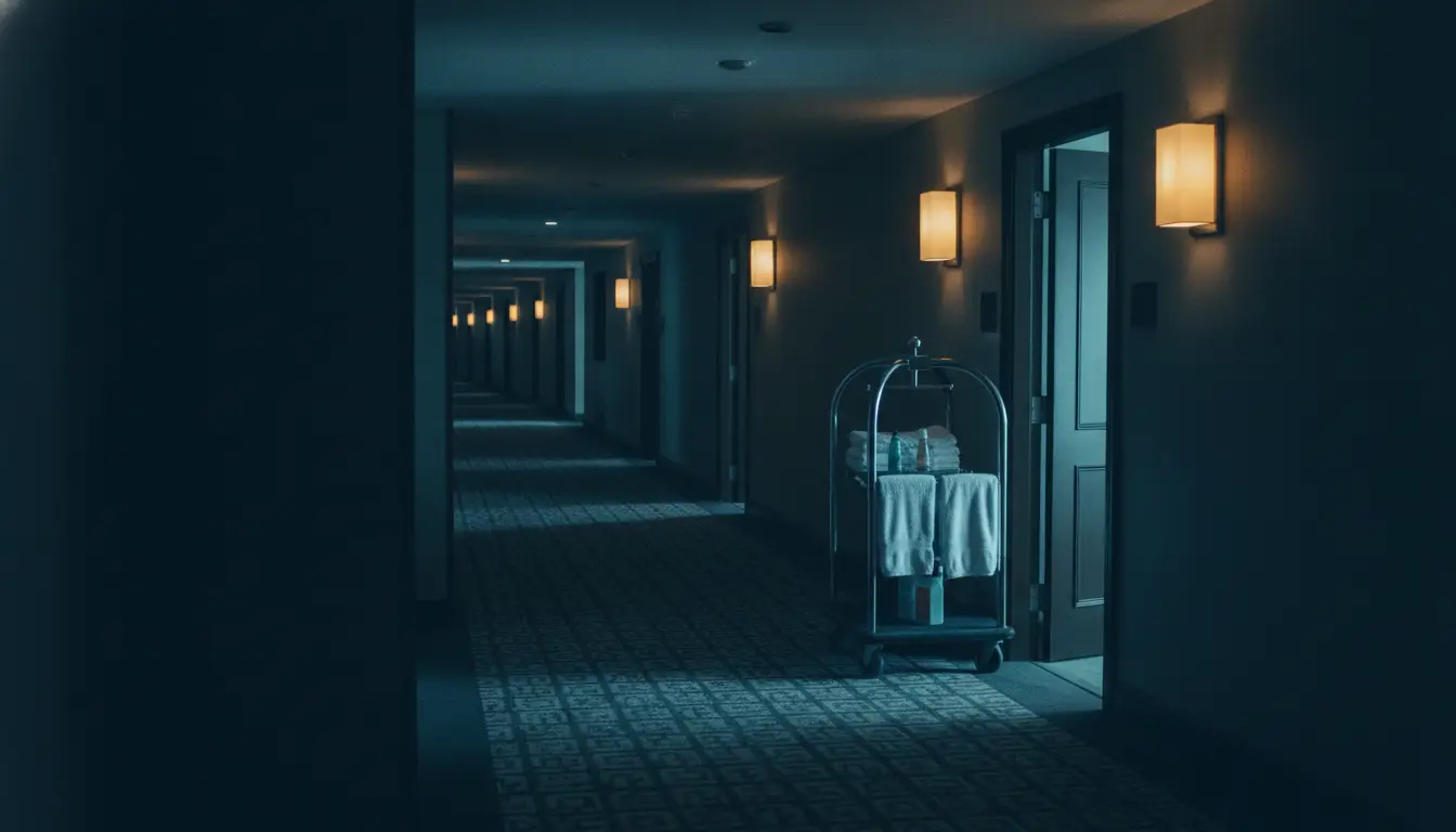A hotel corridor late in the evening: wall lights along a patterned carpet and a housekeeping trolley stacked with towels outside an open door.