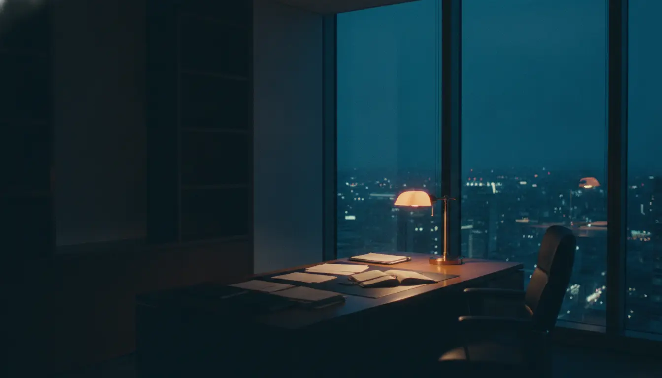 An executive office at night: a desk lamp over open folders, floor-to-ceiling glass looking out on a lit city skyline.