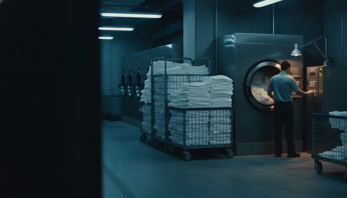 A hotel laundry at night: a member of staff loading an industrial dryer beside trolleys stacked with folded white linen.